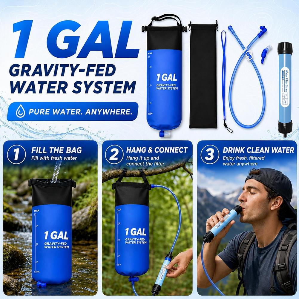 Bivy Bag Emergency - ชุดกรองน้ำแบบถุงกรองแรงโน้มถ่วง 1 แกลลอน พร้อมหลอดกรอง สำหรับแคมป์ปิ้ง เดินป่า